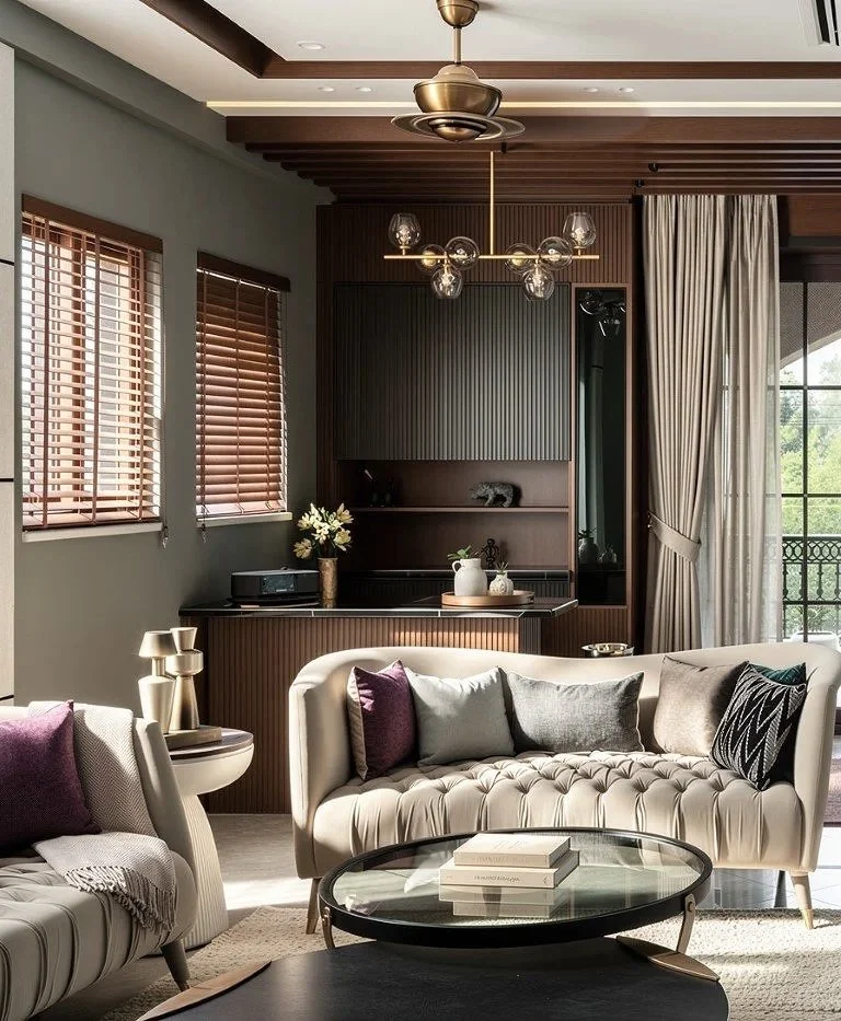 A living room with a curved sofa decorated with pillows, a round coffee table with books, wooden blinds on windows, a chandelier, a vase of flowers, and large curtains.