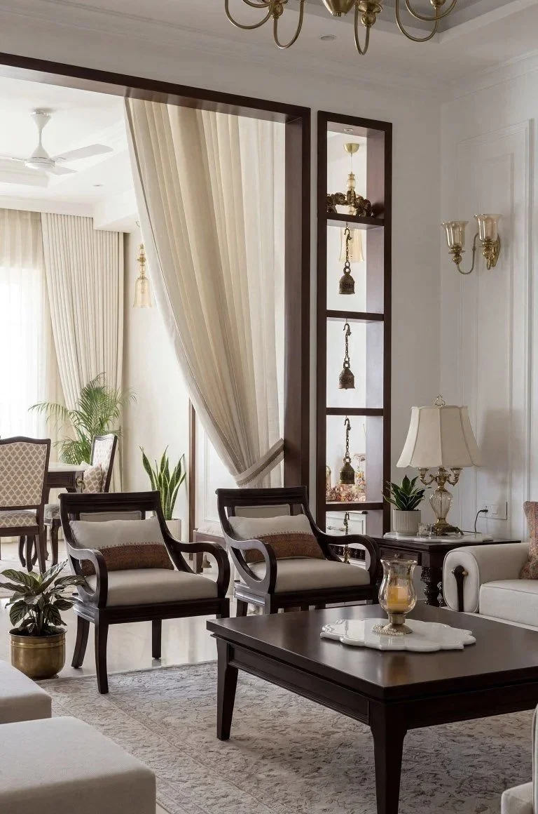 Elegant living room with cream-colored chairs, a wooden coffee table, and decorative lamps, curtains, and plants.