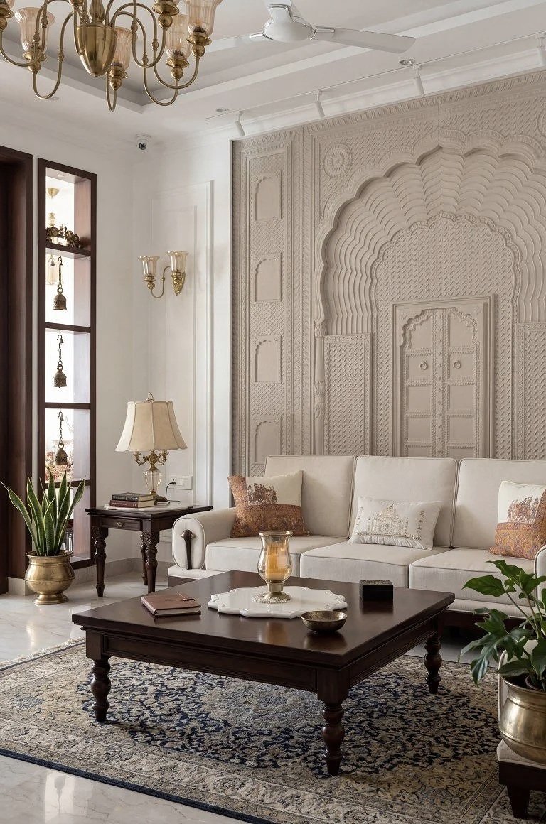 Living room with a cream sofa, dark wooden coffee table, patterned rug, and decorative wall panel with architectural carvings. There are potted plants, a side table with a lamp, and a built-in display shelf with bells.