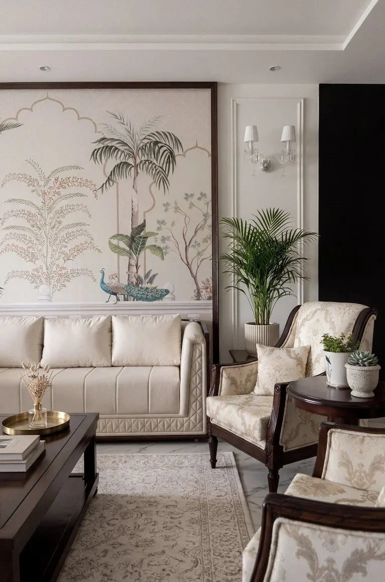 Living room with beige sofa, upholstered armchairs, patterned rug, coffee table, potted plants, large wall mural of trees and a peacock, wall sconce lights, and white wall paneling.