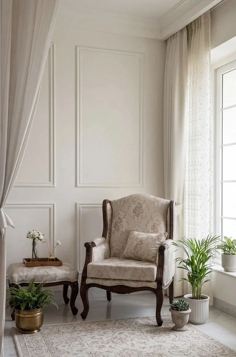 Elegant corner with a vintage armchair, matching ottoman, and indoor plants near a window with sheer curtains.