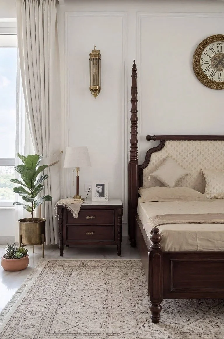 A bedroom corner featuring a wooden bed with carved posts, a bedside table with a white lamp, a potted plant next to a window with curtains, and a wall clock.