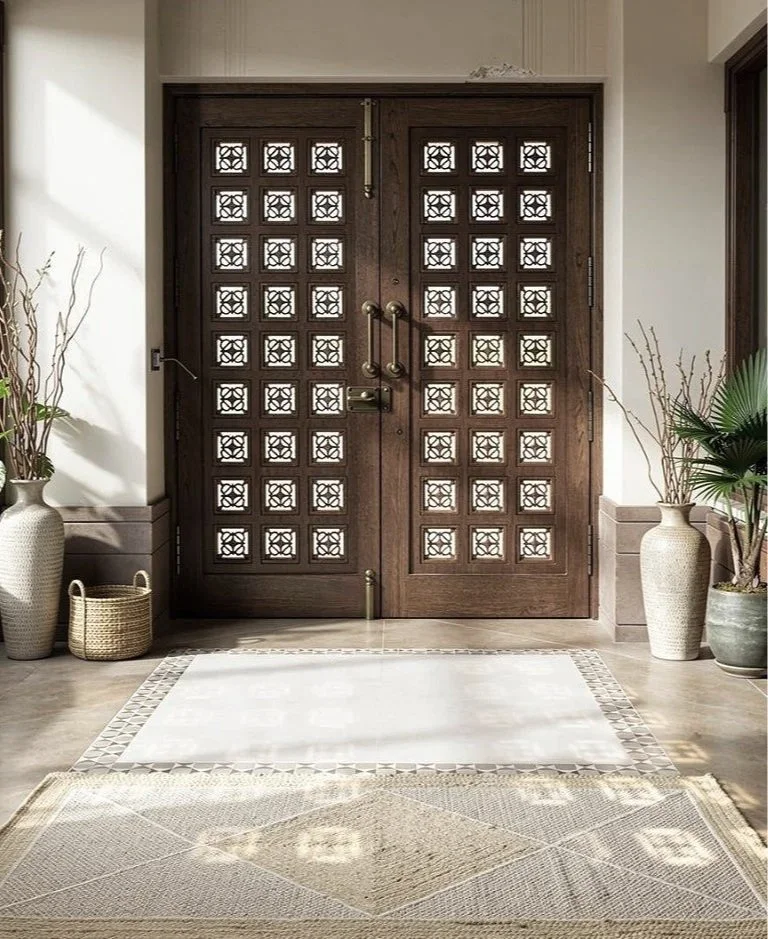 Sunlight coming through decorative grid doors, casting intricate shadow patterns on the floor inside an elegant entryway with beige walls, large vases with dried branches, and woven baskets.
