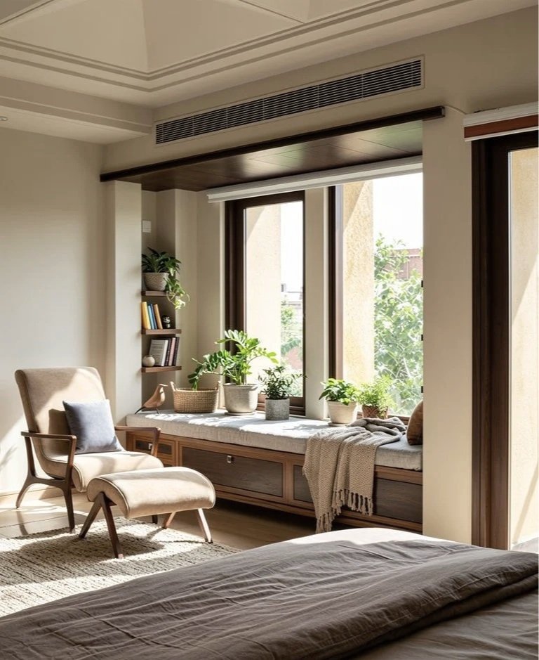 A bedroom with a large window seat, beige armchair, cozy blanket, small bookshelf with plants and books, and a view of lush greenery outside.