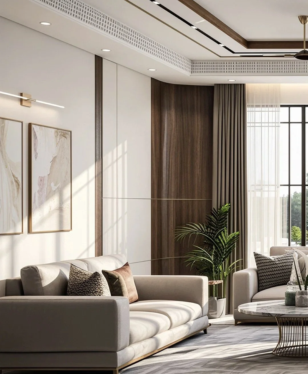 Bright, contemporary living room with white sofa, potted plant, wooden accents, and large window with sheer curtains.