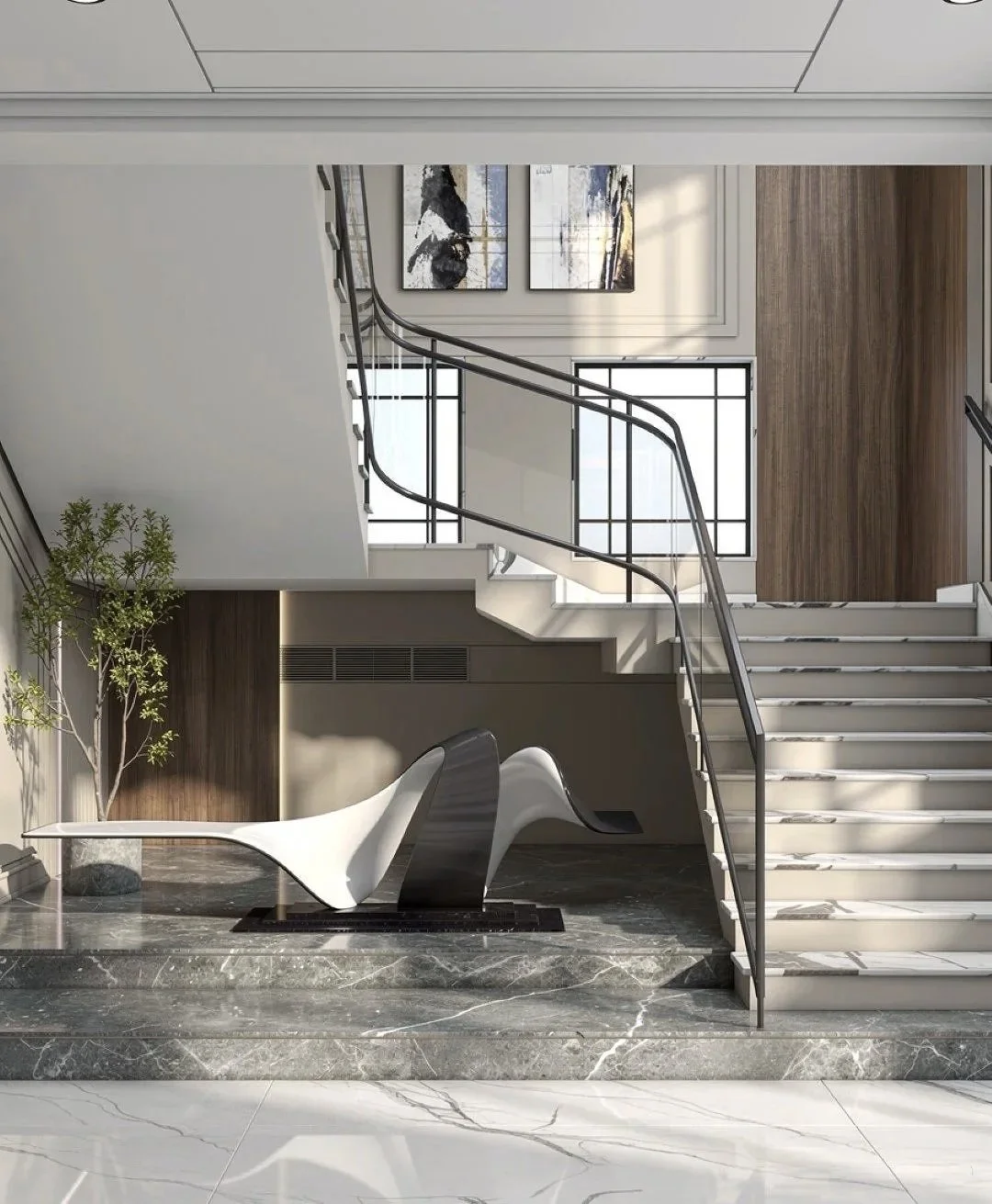 Modern staircase with white marble steps, metal railing, and a sculptural white and black bench with a curved shape. There are abstract landscape paintings on the wall and a tall potted plant on the left side.