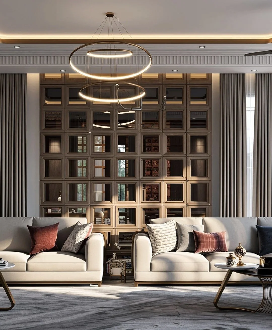 Modern lobby area with large glass windows, staircase, and decorative lighting fixtures.