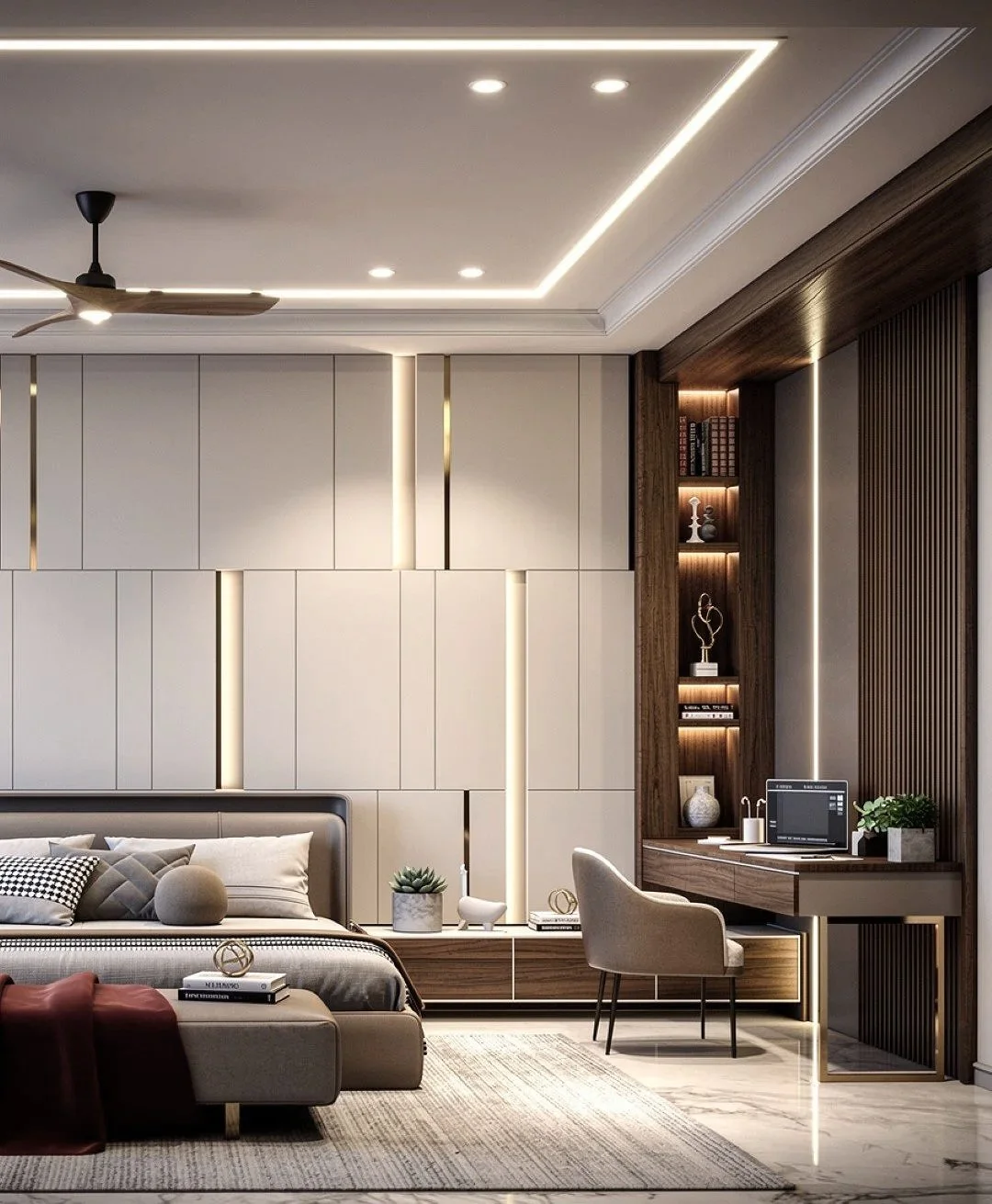 Modern bedroom with beige and brown tones, featuring a bed with pillows, a side table with decorative objects, a ceiling fan, a built-in wooden desk with a chair, bookshelves with decor, and ambient lighting.