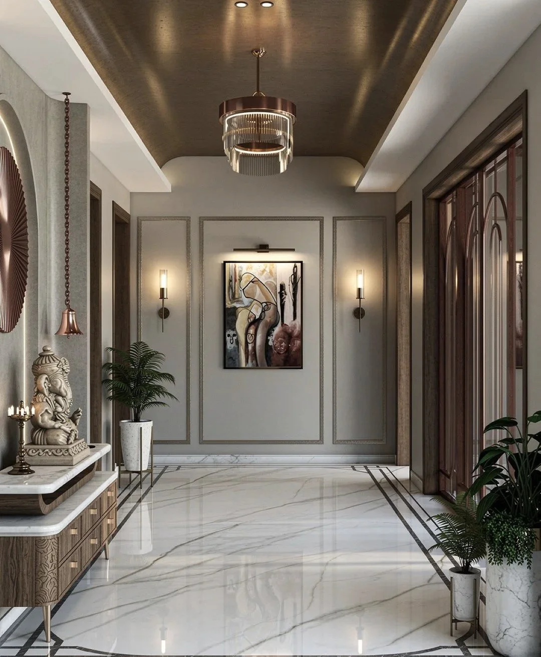 Elegant hallway with marble flooring, a ceiling chandelier, wall sconces, and framed abstract artwork. Decor includes plants, a statue, and a console table.