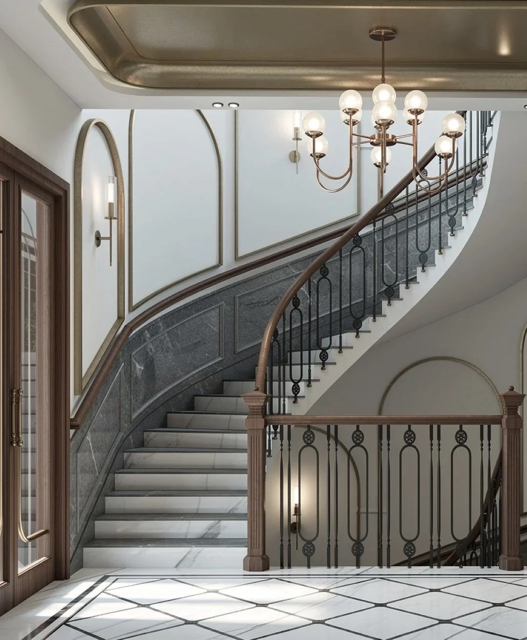 Elegant staircase with marble steps, wooden handrails, ornate black metal balusters, and warm wall lighting in a luxurious interior.