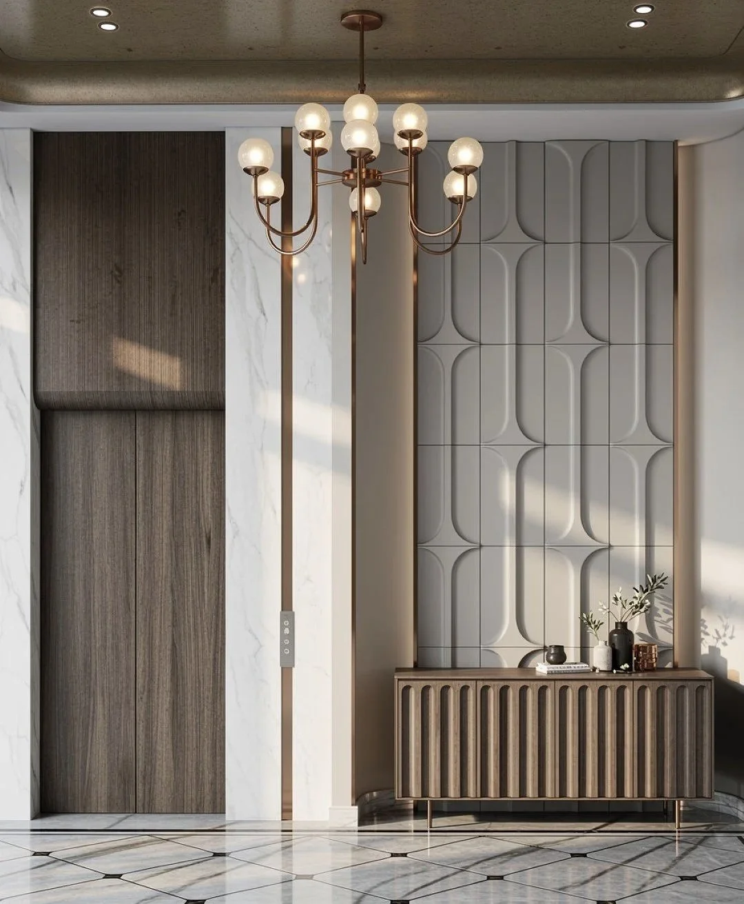 Elegant interior with a chandelier, textured wall panels, a wooden sideboard, and decorative vases with greenery.