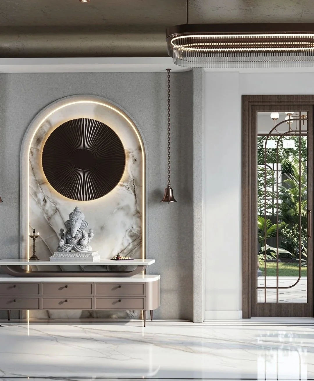 Elegant interior with a marble statue on a console, circular art piece with backlit elements, and a glass door with greenery outside.