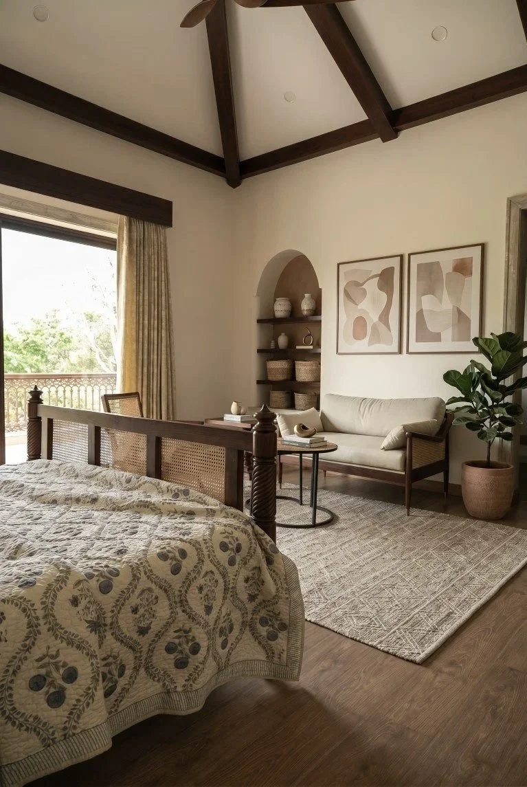 A bedroom with a wooden bed, a patterned quilt, a sitting area with a white couch, a small round table, framed abstract artwork, a potted plant, and a sliding glass door with beige curtains leading to a balcony with greenery.
