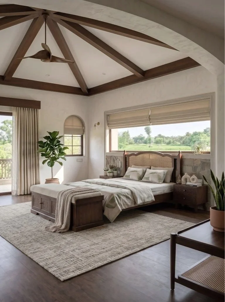 A bedroom with a wooden bed, beige bedding, multiple pillows, a front-facing window with a scenic outdoor view, plants, a ceiling fan, and curtains.