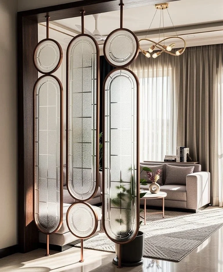 Decorative room divider with glass panels and wooden frames in a modern living room.