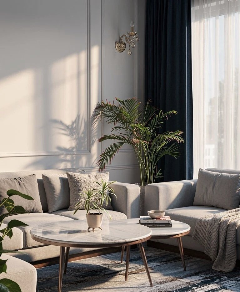 A cozy living room with gray sofas, a white marble-top coffee table, and lush green plants. Gold and glass wall sconce, dark blue curtains, and a patterned rug complete the decor.