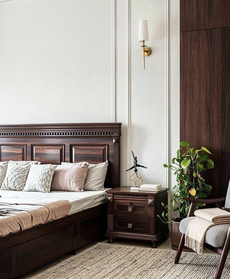A bedroom corner with a wooden bed, plush pillows, a nightstand, a modern wall sconce, a potted plant, and a wooden chair with a blanket.