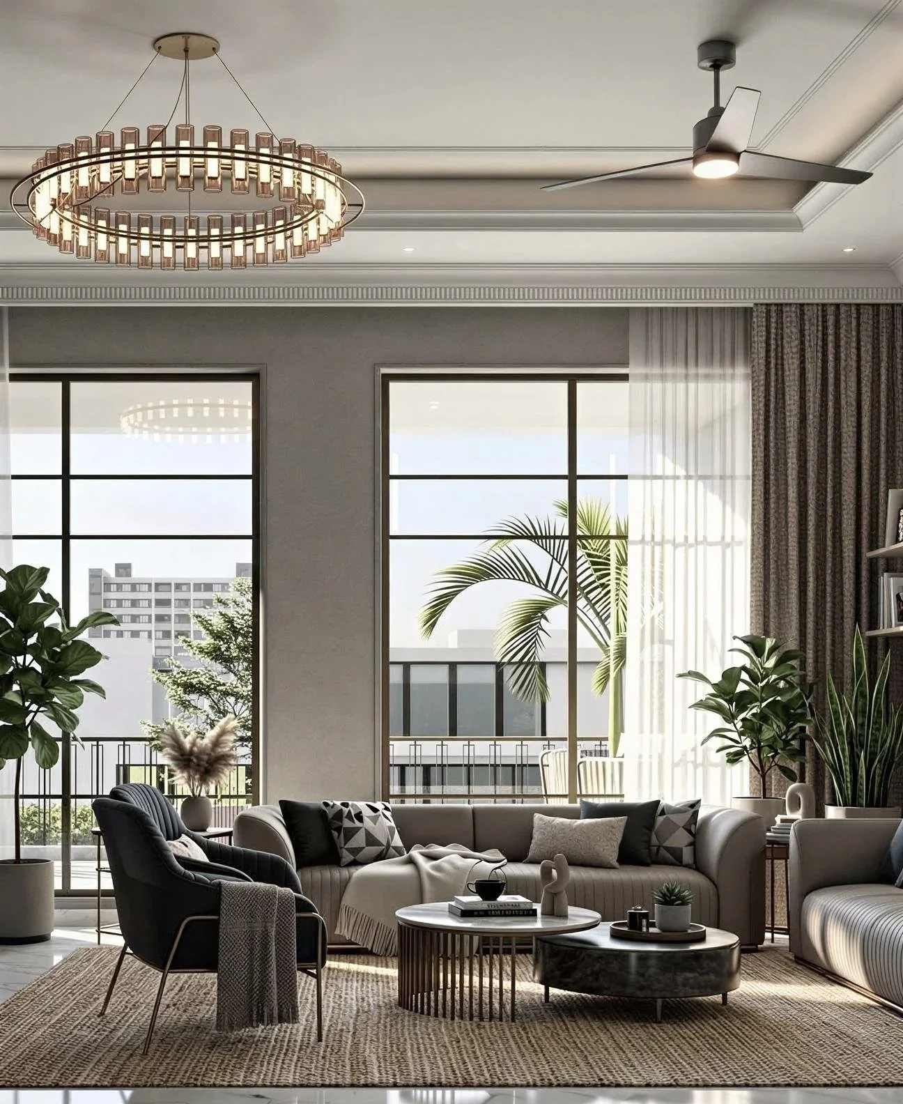 Bright living room with large windows, sheer curtains, modern furniture, and potted plants.