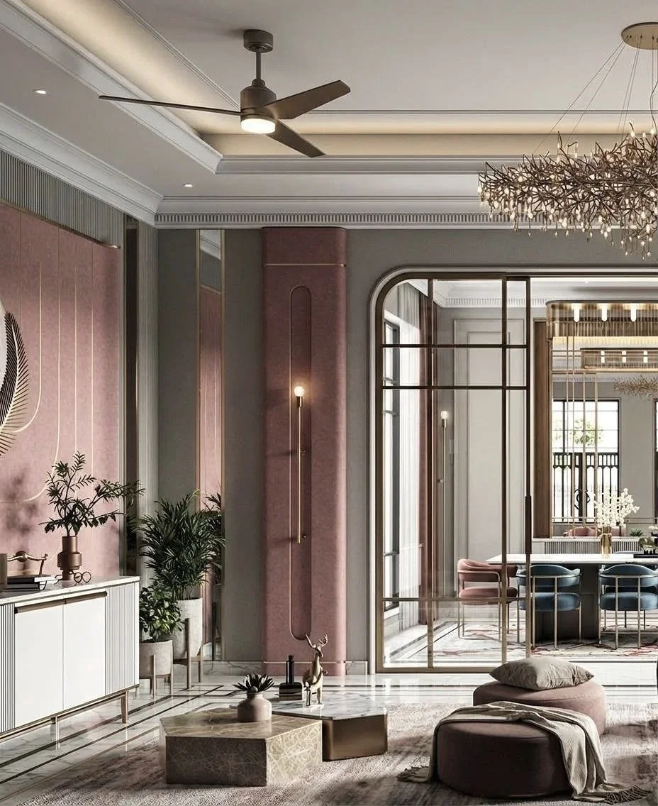 Modern, elegant living room with white walls, ceiling fan, decorative lighting, black and white marble floors, and minimalistic black ottomans.