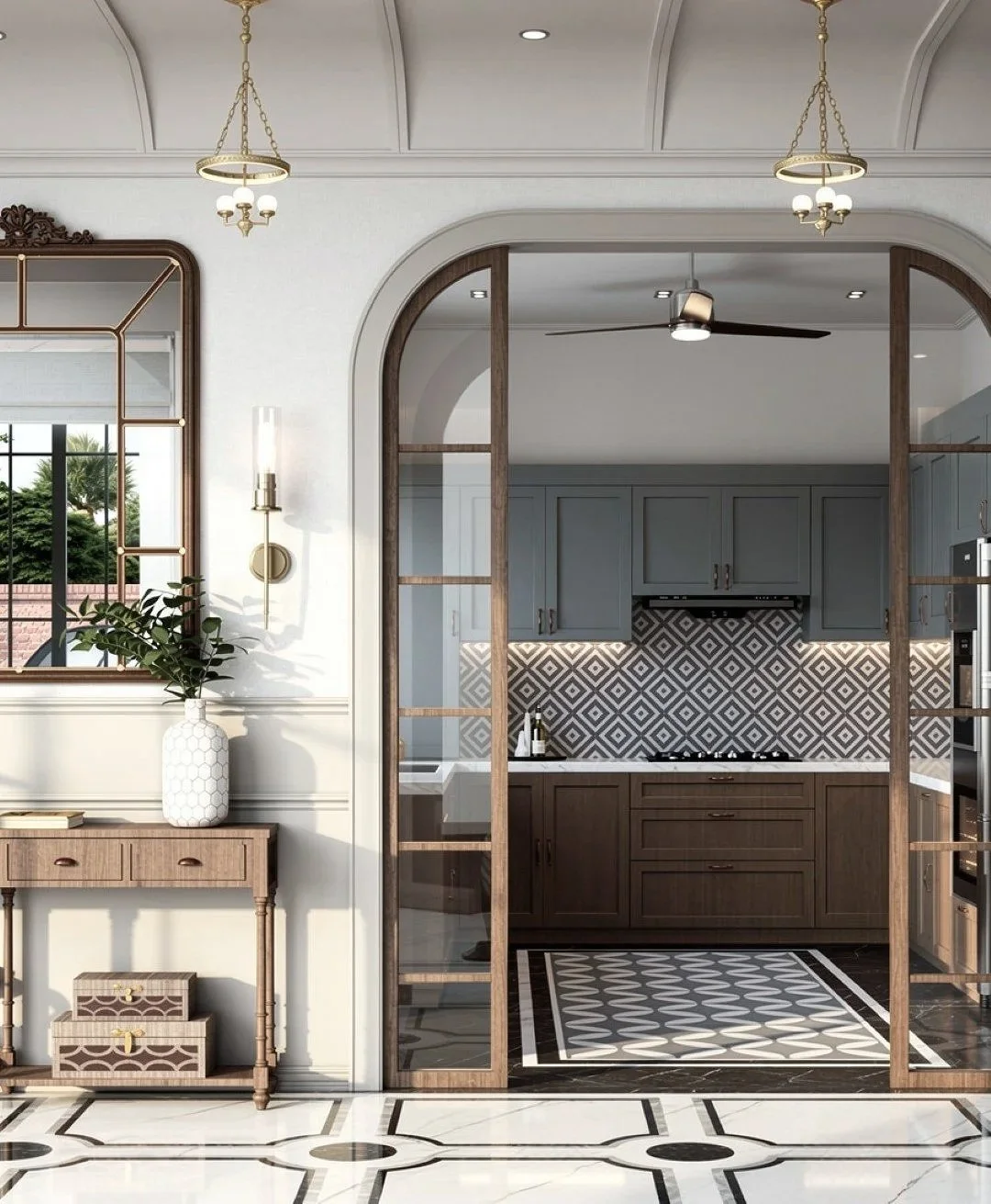 A view into a modern kitchen through a wooden and glass arched doorway. The kitchen has light gray cabinets, a patterned tile backsplash, and a black countertop. The ceiling features a white ceiling fan, and the adjacent room has ornate light fixture