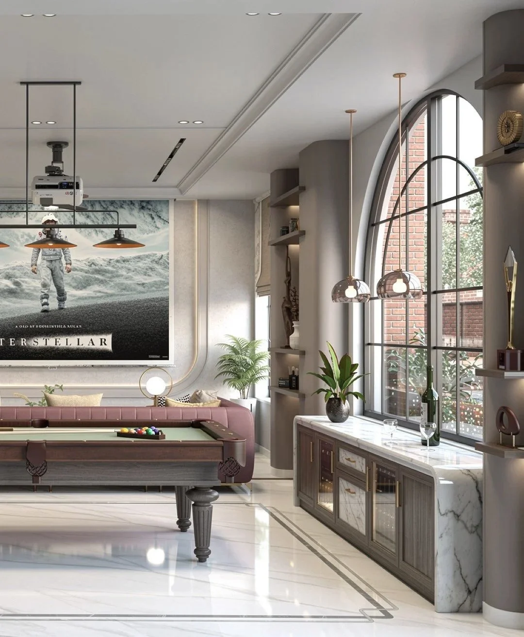 Modern living room with a pool table, large arched window, plants, and a flat screen TV displaying an astronaut on the lunar surface.