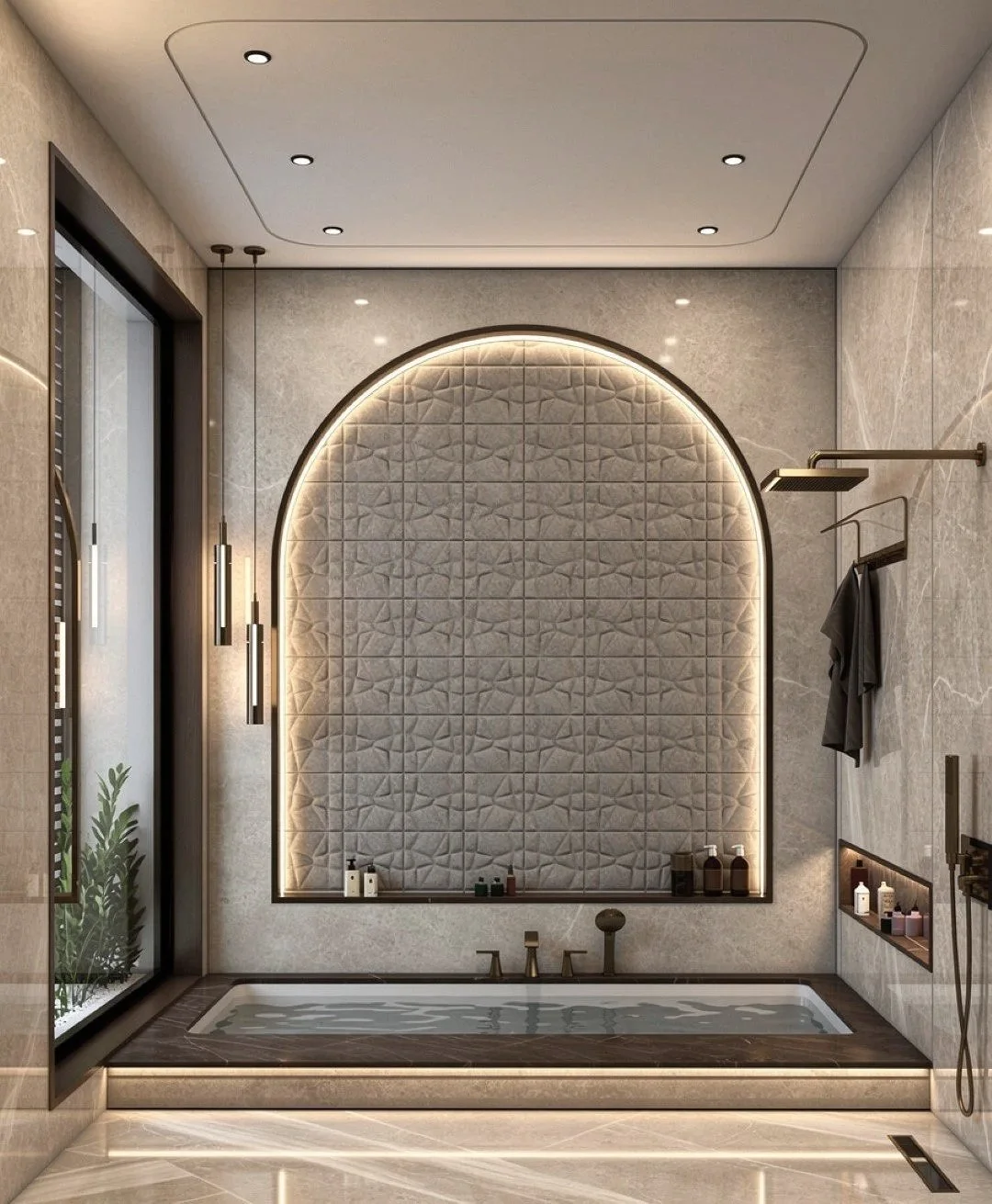 Modern bathroom with a built-in bathtub, decorative quilted wall panel, and ambient lighting.