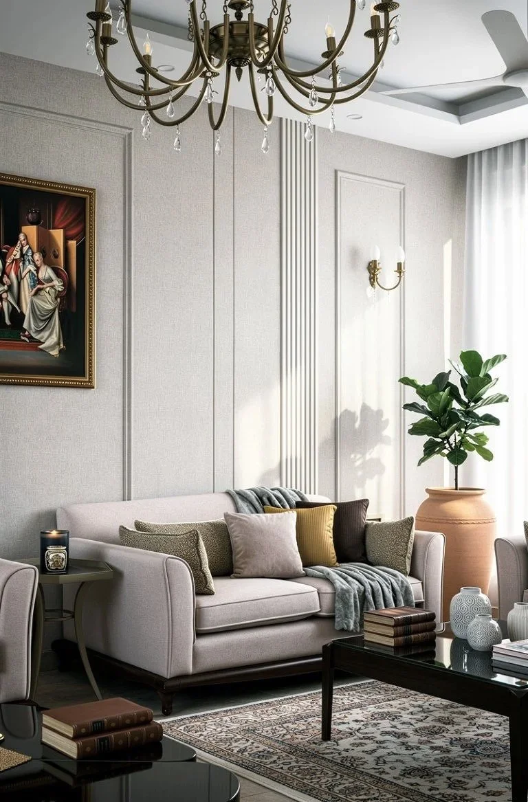 Elegant living room with beige couch, multiple pillows, a large potted plant, paintings, books, and a chandelier.