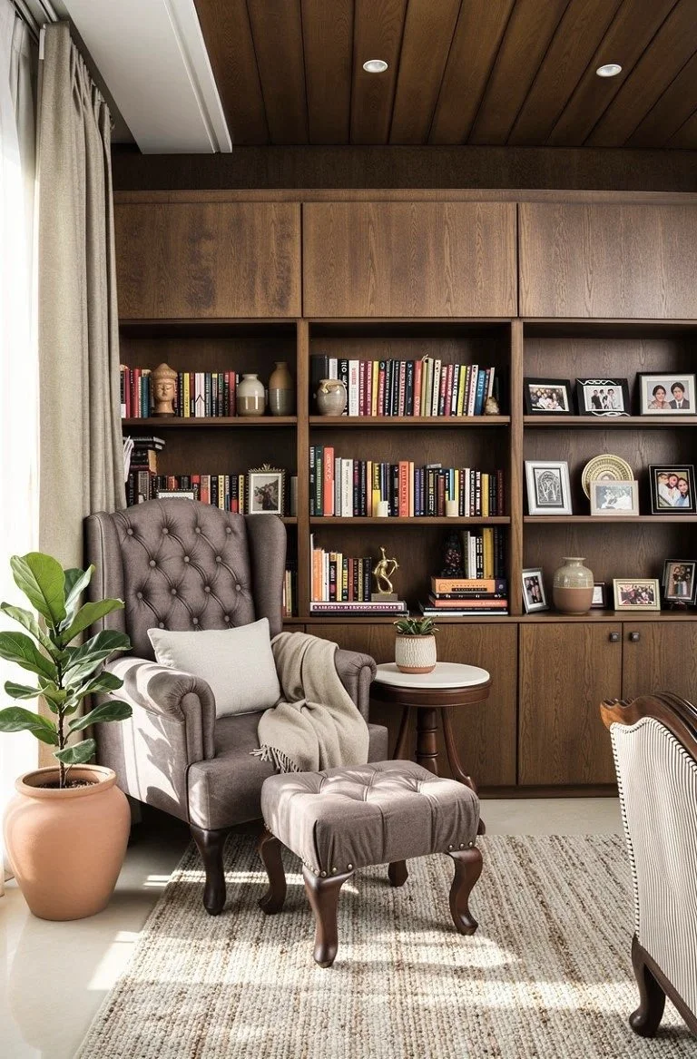 A cozy living room corner with a tufted armchair, matching ottoman, bookshelf filled with books and framed photos, a potted plant, and a side table with a small plant, all near a window with beige curtains and warm wood paneling on the ceiling and wa