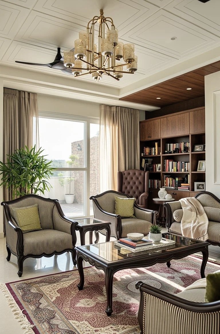 Living room with striped armchairs, coffee table, bookshelf, curtains, chandelier, and large window with sliding doors.