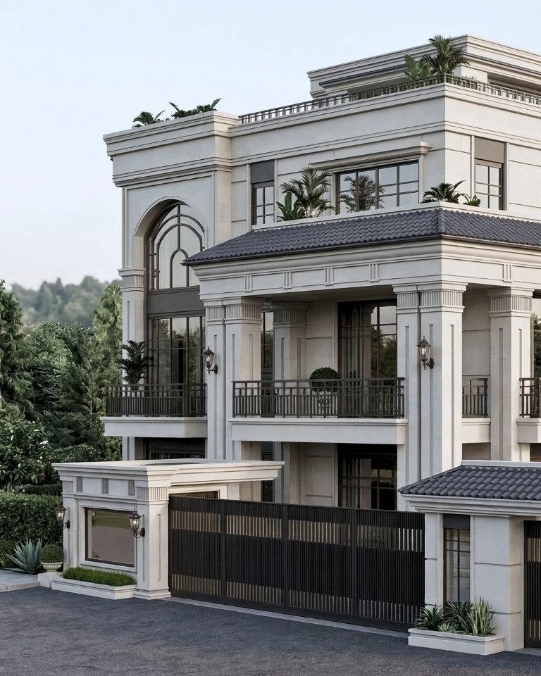 Luxury multi-story house with white exterior, large windows, balconies, and a black gate, surrounded by lush greenery.