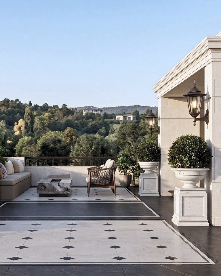 Elegant outdoor patio with black and white tile floor, cushioned seating, a marble table, potted plants, and wall-mounted lanterns, overlooking a scenic landscape of green hills and trees.