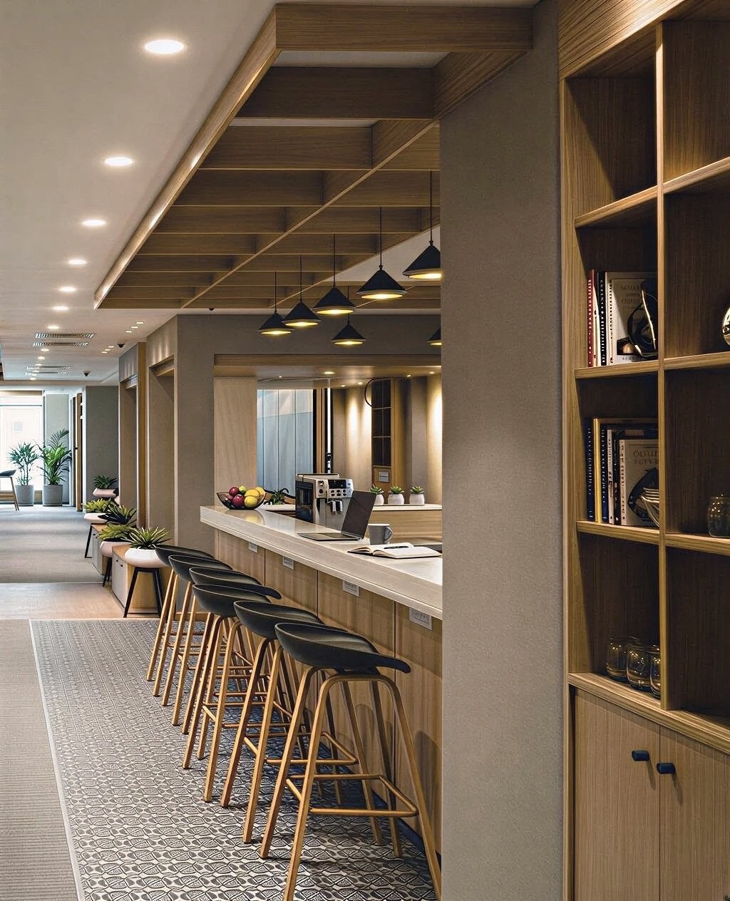 Modern hotel lobby with a kitchenette area featuring a long white counter, black bar stools, and a ceiling with wooden paneling and hanging black pendant lights.