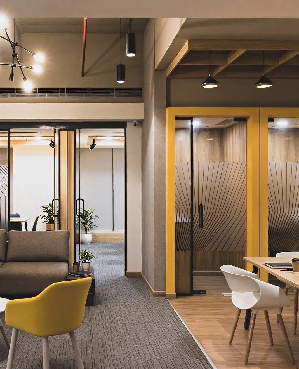 Modern office interior with glass partitions, a gray sofa, a yellow armchair, and wooden accents. There are potted plants, a dining table with white chairs, and various ceiling light fixtures.