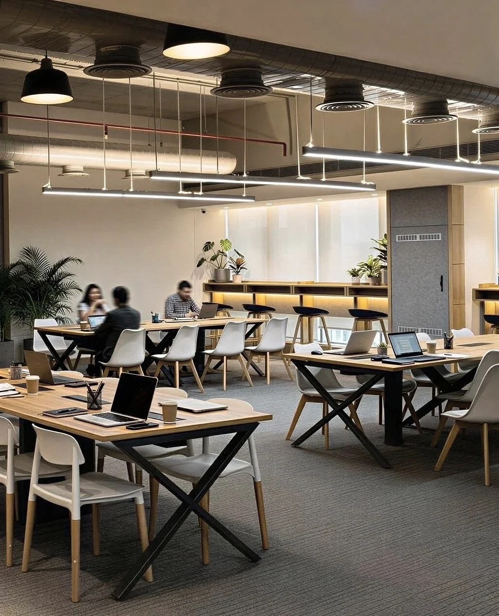 Modern shared office space with wooden tables, white chairs, laptops, coffee cups, and green plants. Overhead lighting and large windows provide natural light.