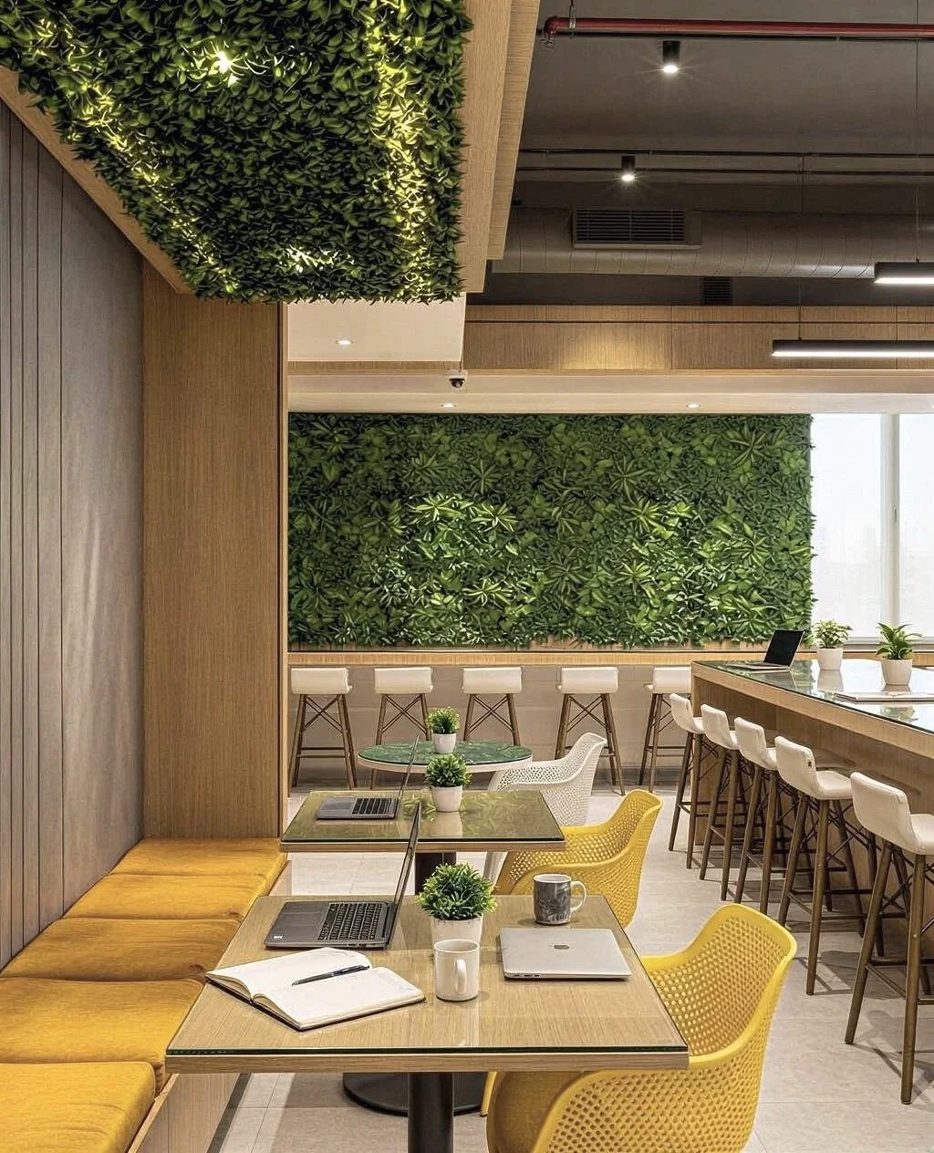 Modern coffee shop interior with wooden accents, green leafy wall decor, yellow and white chairs, and tables with laptops and plants.