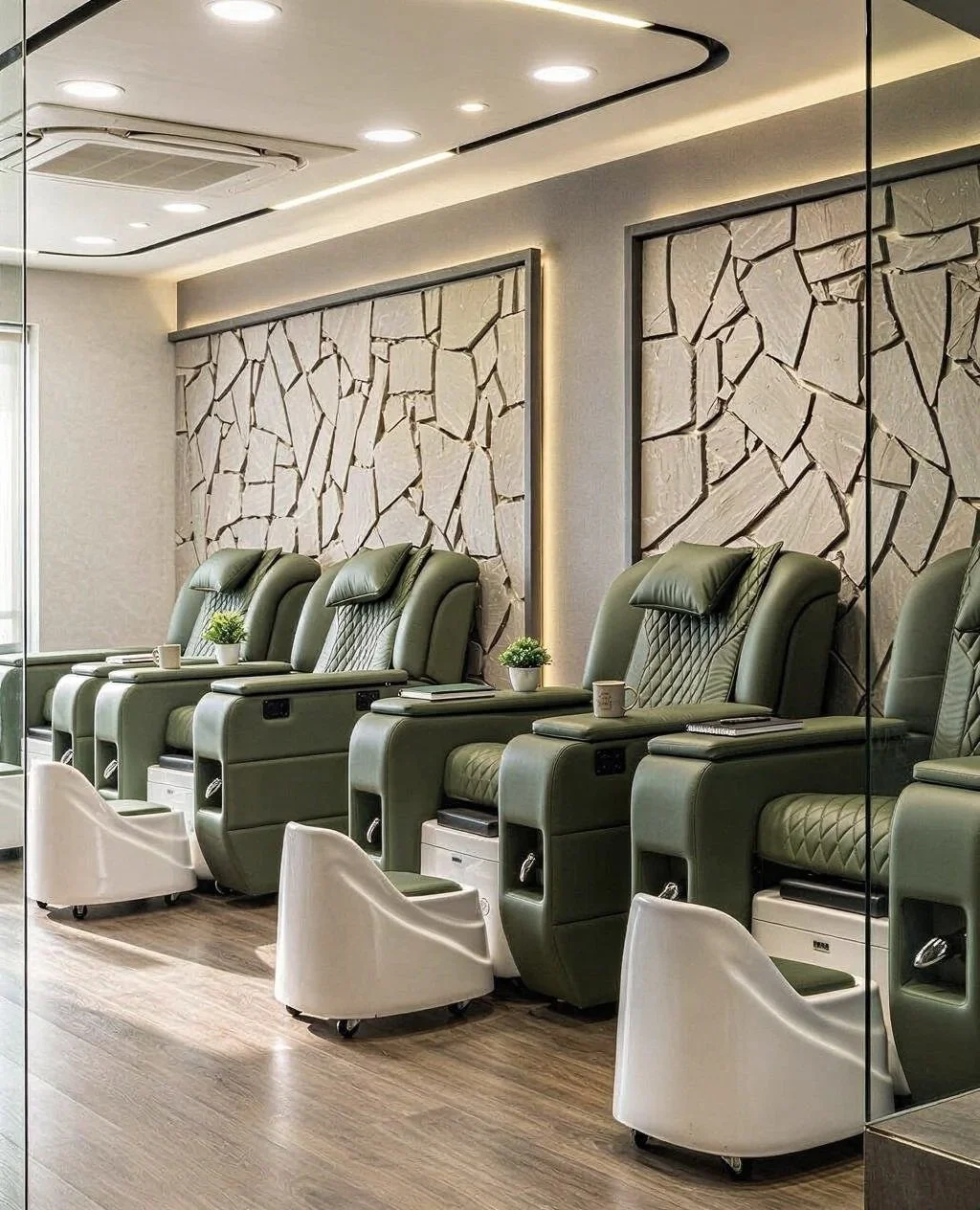 Nail salon with five green pedicure chairs, each with a small potted plant and a cup, against a textured stone wall, with a glass partition and wooden flooring.