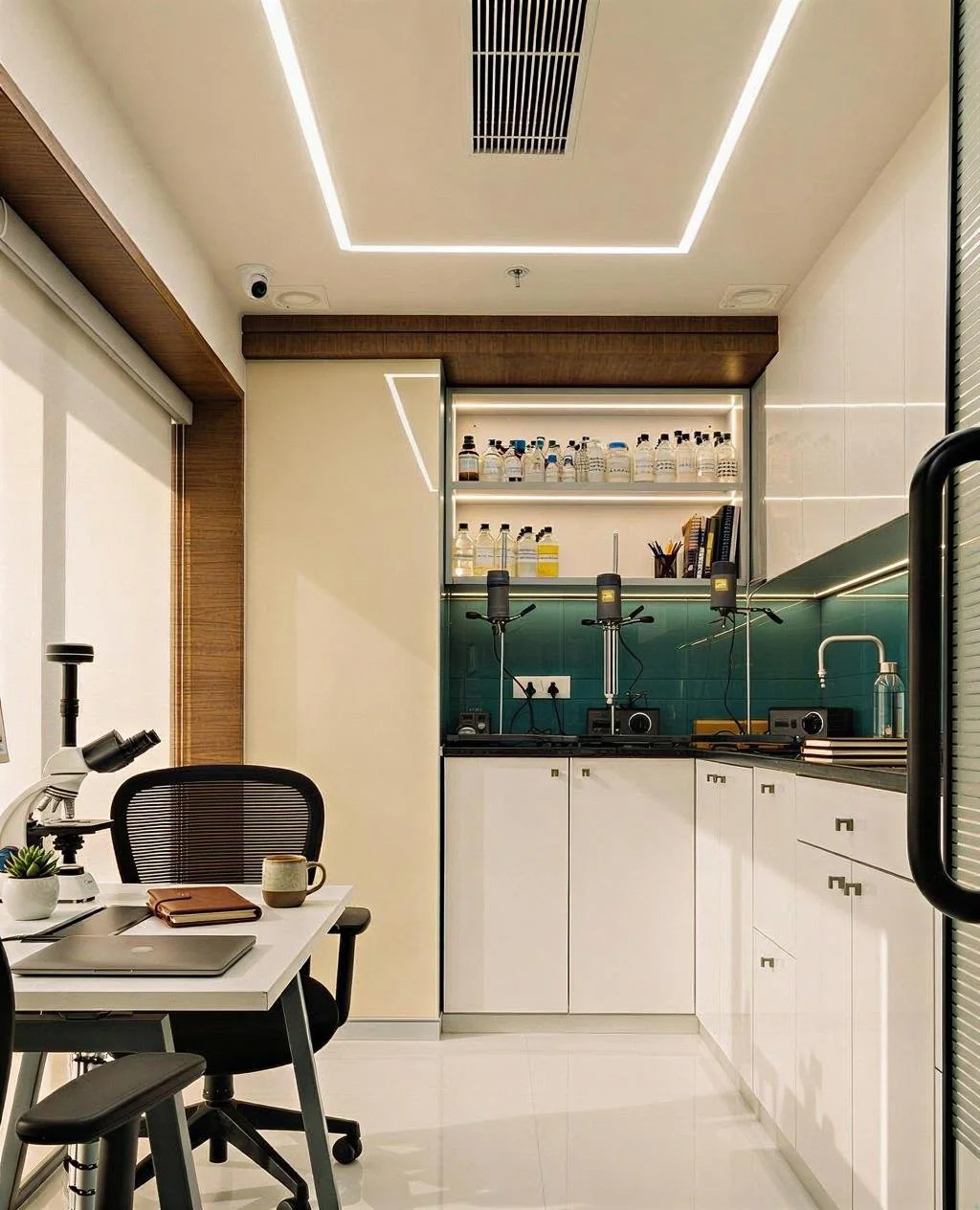 Medical laboratory with microscopes, test tubes, and equipment, in a modern room with white cabinets and teal tile backsplash.