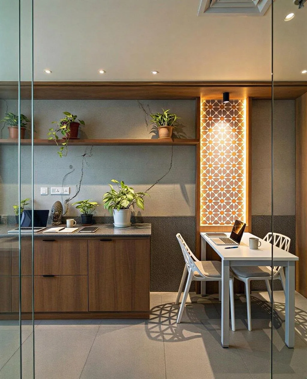 Office space with wooden cabinets and white table, potted plants on shelves, laptops, notebooks, and coffee mugs, illuminated decorative wall panel, and reflections on glass walls.