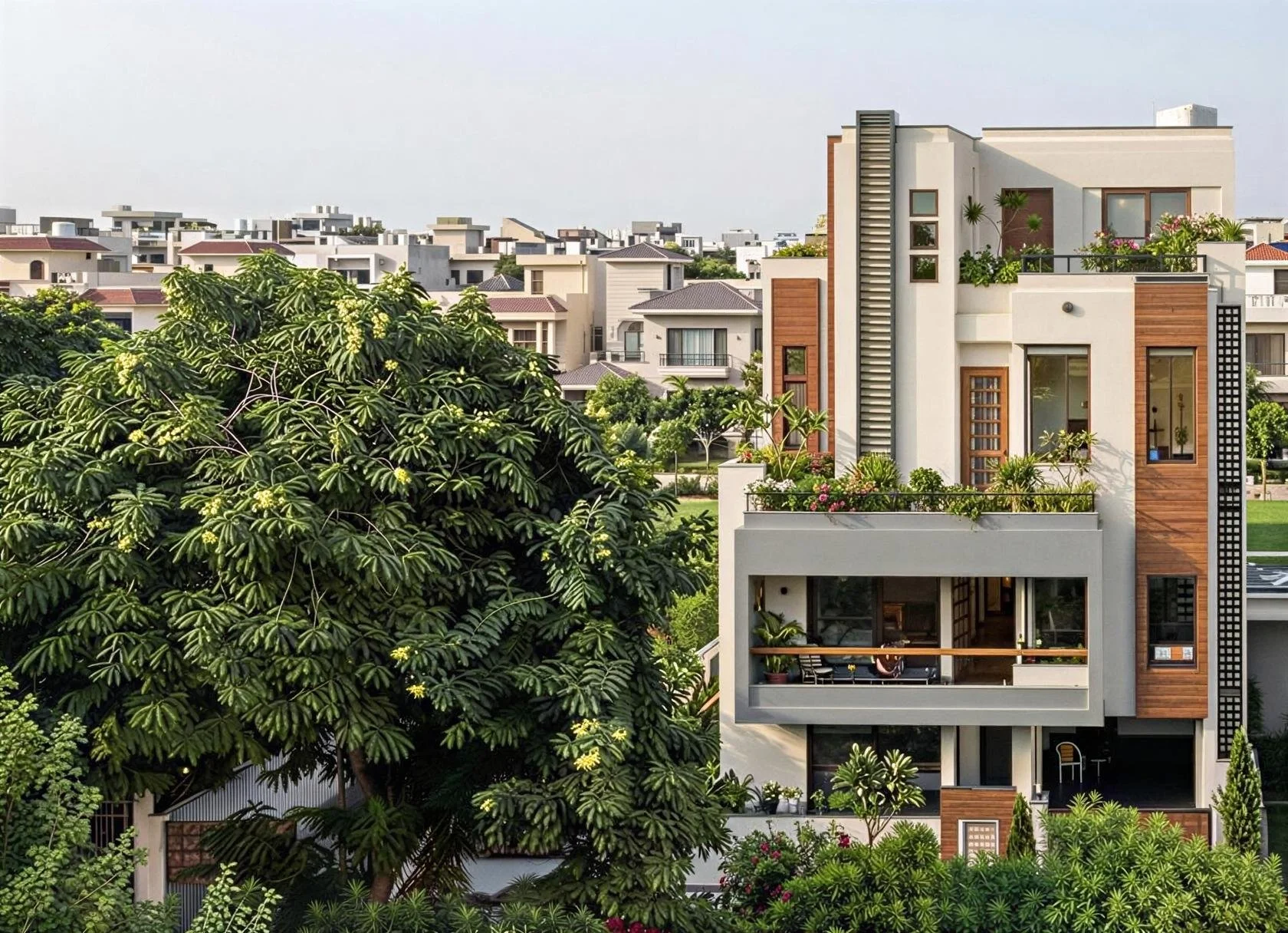 Modern multi-story house with white walls, wooden accents, and large windows, surrounded by lush green trees and plants.