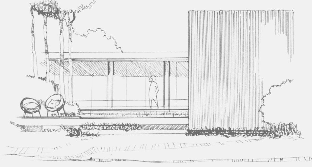 A sketch of a modern building with large glass windows, a person walking inside, some outdoor chairs, a tall textured wall on the right, and trees in the background.