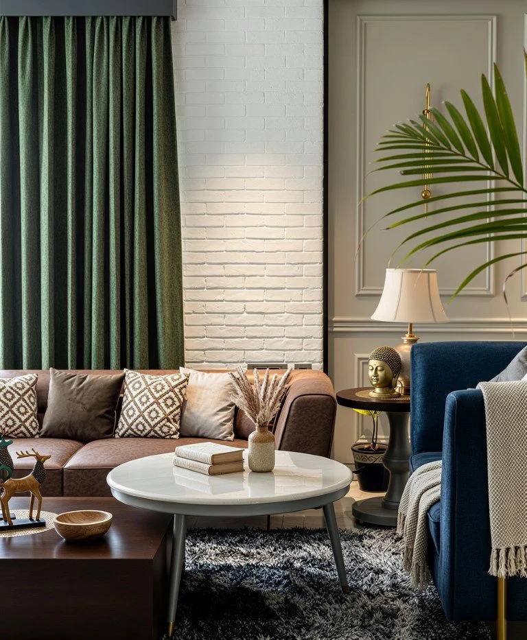 A cozy living room with a brown sofa, patterned pillows, a white round coffee table with books and a decorative vase, a side table with a Buddha head sculpture and lamp, a beige wall with molding, green curtains, and a blue armchair with a blanket, a