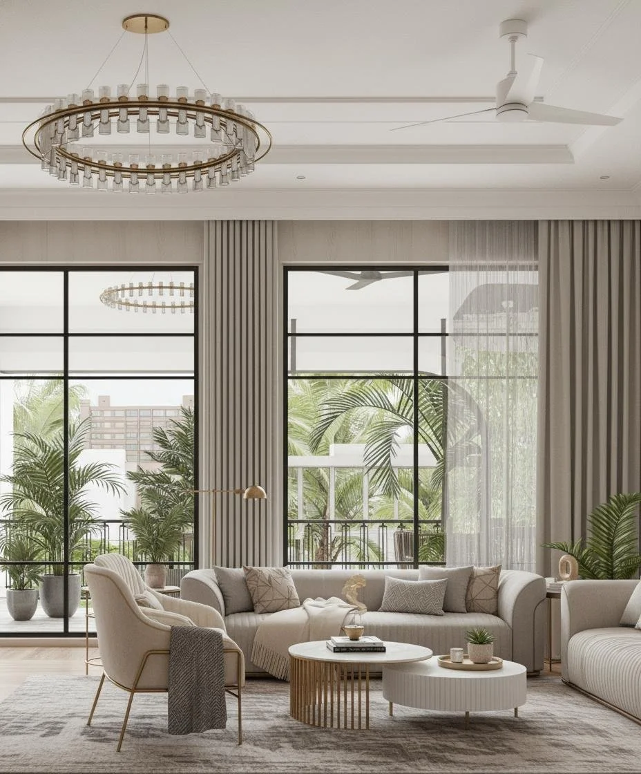 Bright living room with large windows, sheer curtains, modern furniture, and potted plants.