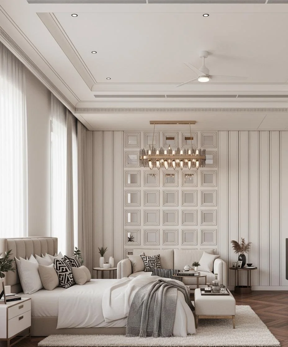 Luxurious bedroom with modern white walls, tall windows with sheer curtains, a large bed with multiple pillows, a beige upholstered headboard, and a cozy throw blanket. A sitting area with a sofa, side tables, and decorative plants, elegant chandelie