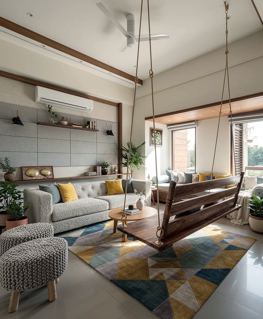 Living room with a hanging wooden swing, gray sofa with yellow and blue pillows, patterned area rug, potted plants, window seat, and large window letting in natural light.