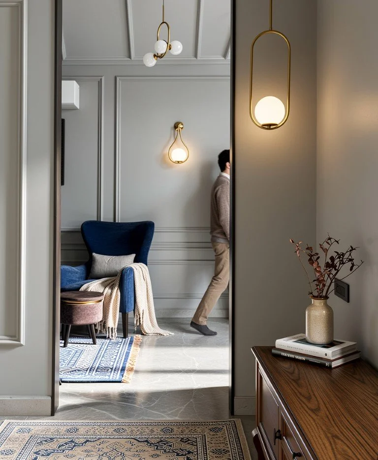 A living room with a blue armchair, a small pillow and throw blanket, a patterned rug, and a wooden side table with a vase and books. There are modern hanging light fixtures and a person walking past.