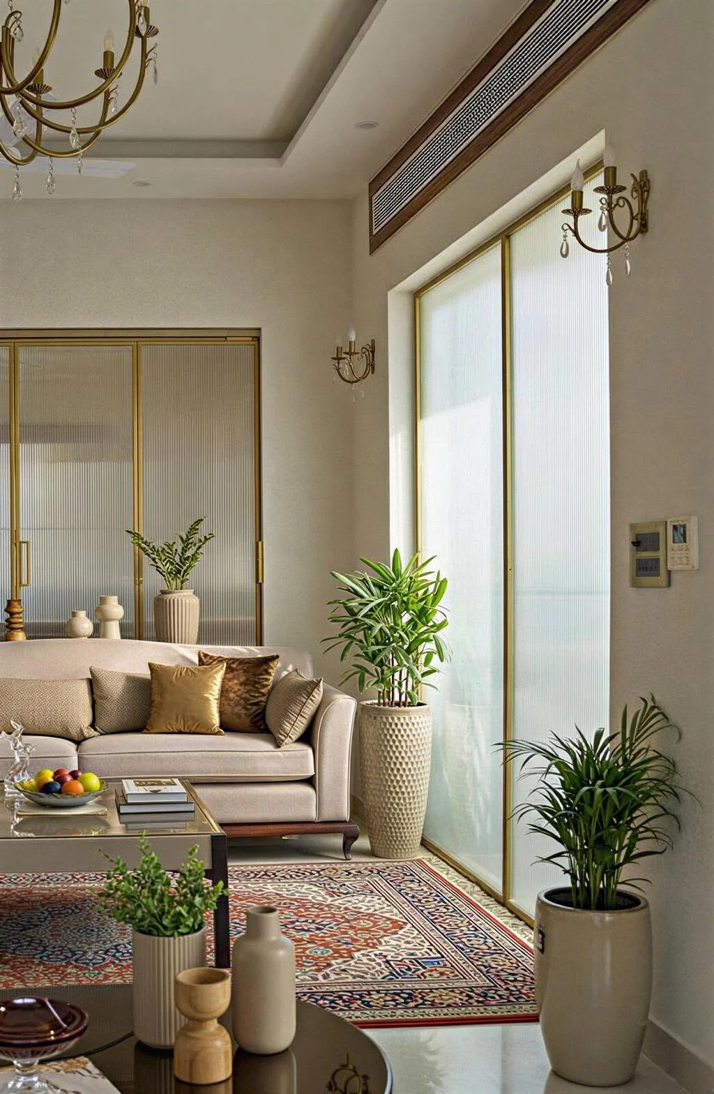 Living room with beige sofa, green indoor plants in large white pots, glass coffee table with books and a fruit bowl, Persian-style rug, gold accents on sliding doors and window frames, and wall-mounted lamps with candle-like bulbs.