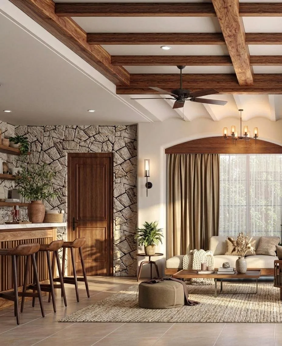 A living room with a beige sofa, coffee table, and large window with curtains. A dining table with chairs is on the left, and a wooden door is in the background. The ceiling has exposed beams, a ceiling fan, and recessed lighting.