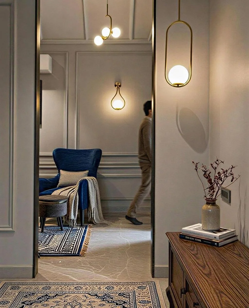 A living room with a blue armchair, a small pillow and throw blanket, a patterned rug, and a wooden side table with a vase and books. There are modern hanging light fixtures and a person walking past.