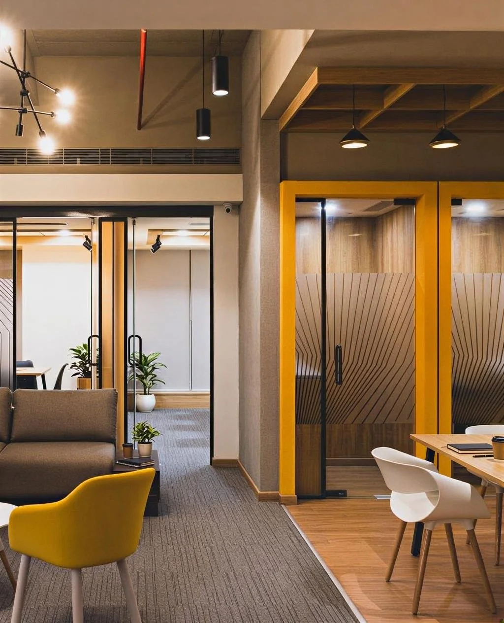Modern office interior with glass partitions, a gray sofa, a yellow armchair, and wooden accents. There are potted plants, a dining table with white chairs, and various ceiling light fixtures.