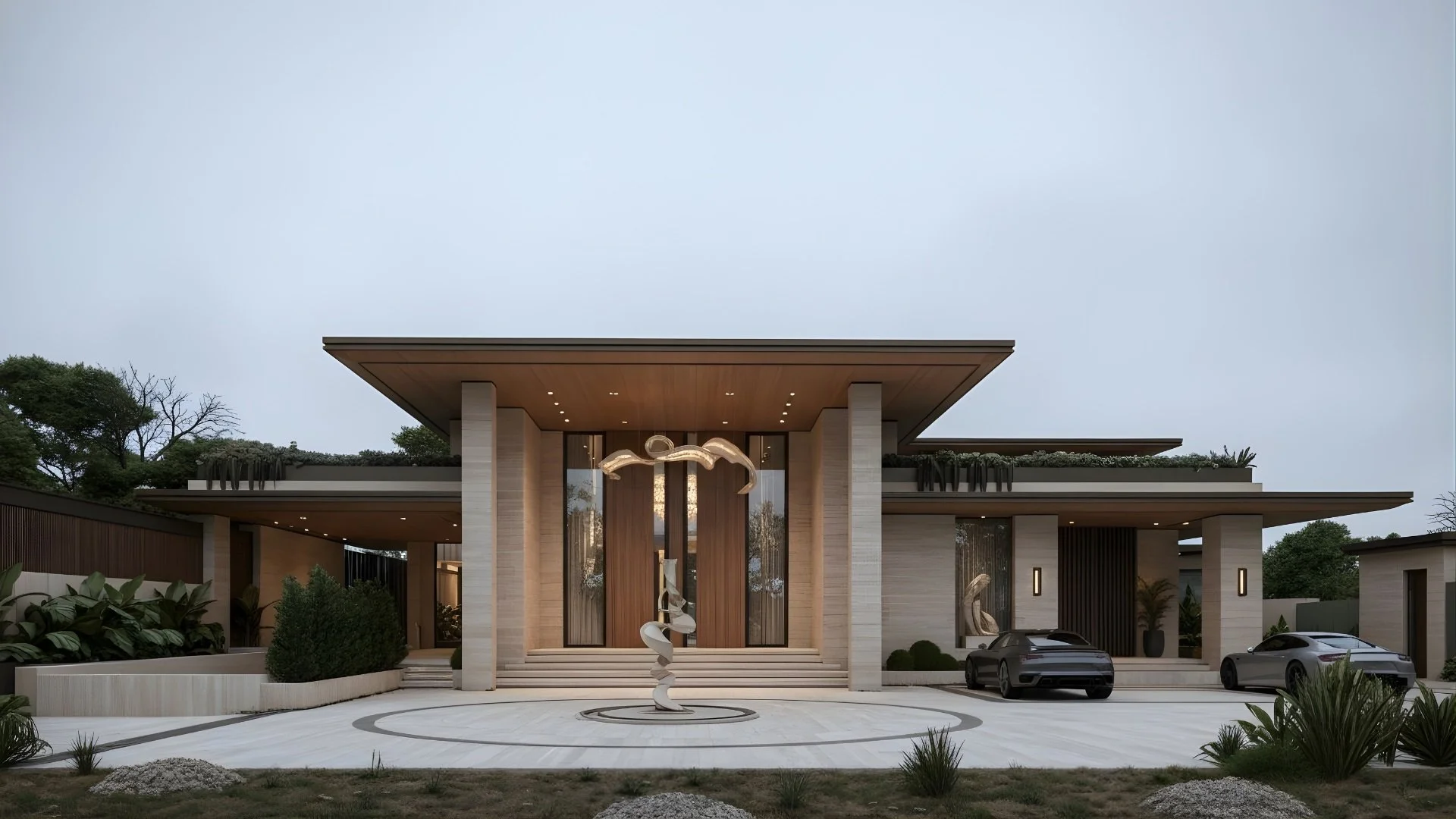 Modern luxury mansion with a large front entrance, sculpture in the foreground, two cars parked, landscaped greenery, and overcast sky.